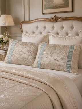 Reversible Gold & Seafoam Floral Pillow Shams Pair King Damask Embroidered